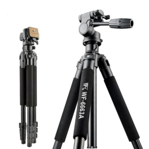 Trípode Weifeng WF-6663A de aluminio, cabeza de fluido 3 vías (360°) y altura hasta 167 cm. Pies en 4 secciones con bloqueo rápido, carga máxima 5 kg. Perfecto para video profesional o fotografía en estudio/exteriores, brindando estabilidad y nivelación.