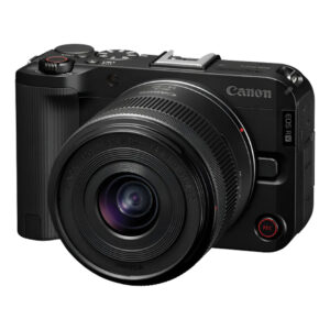 Canon EOS R50 V (APS-C, 24.2 MP) con zoom RF-S 14–30 mm STM PZ. Cámara versátil para creadores: vídeo 4K/60p, AF inteligente (sigue personas/mascotas), estabilizador digital. Pantalla giratoria para vlogs, montura de trípode vertical.