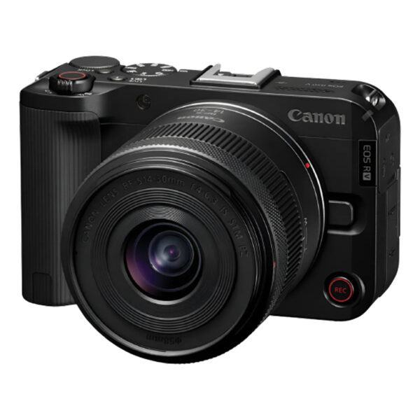 Canon EOS R50 V (APS-C, 24.2 MP) con zoom RF-S 14–30 mm STM PZ. Cámara versátil para creadores: vídeo 4K/60p, AF inteligente (sigue personas/mascotas), estabilizador digital. Pantalla giratoria para vlogs, montura de trípode vertical.