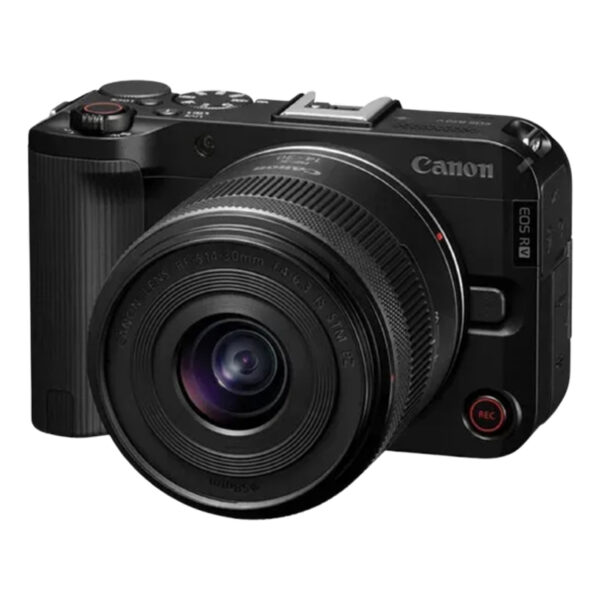 Canon EOS R50 V (APS-C, 24.2 MP) con zoom RF-S 14–30 mm STM PZ. Cámara versátil para creadores: vídeo 4K/60p, AF inteligente (sigue personas/mascotas), estabilizador digital. Pantalla giratoria para vlogs, montura de trípode vertical.