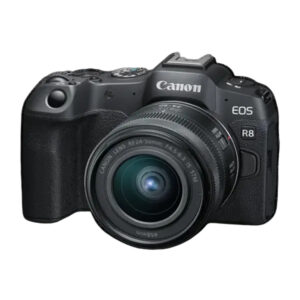 Canon EOS R8 (full-frame, 24.2 MP) con lente RF 24–50 mm STM. Cámara sin espejo con vídeo 4K/60p sin recorte, AF Dual Pixel II. Visor OLED nítido y pantalla abatible. Cuerpo compacto para fotografía de retratos, paisajes y cine, con calidad pro.