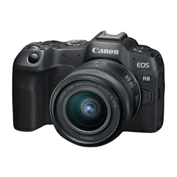Canon EOS R8 (full-frame, 24.2 MP) con lente RF 24–50 mm STM. Cámara sin espejo con vídeo 4K/60p sin recorte, AF Dual Pixel II. Visor OLED nítido y pantalla abatible. Cuerpo compacto para fotografía de retratos, paisajes y cine, con calidad pro.