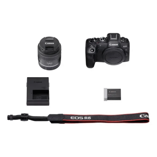 Canon EOS R8 (full-frame, 24.2 MP) con lente RF 24–50 mm STM. Cámara sin espejo con vídeo 4K/60p sin recorte, AF Dual Pixel II. Visor OLED nítido y pantalla abatible. Cuerpo compacto para fotografía de retratos, paisajes y cine, con calidad pro.