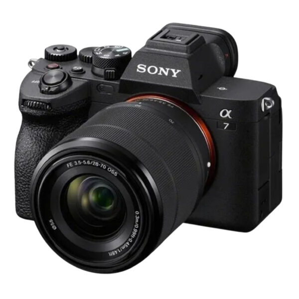 Sony A7 IV (full-frame, 33 MP) con lente 28–70 mm OSS (kit). Sensor BSI-CMOS de 33 MP. AF de 759 puntos con Eye-AF, ráfaga 10 fps, vídeo 4K/60p. Perfecta para foto de retratos y video profesional por su nitidez y enfoque preciso