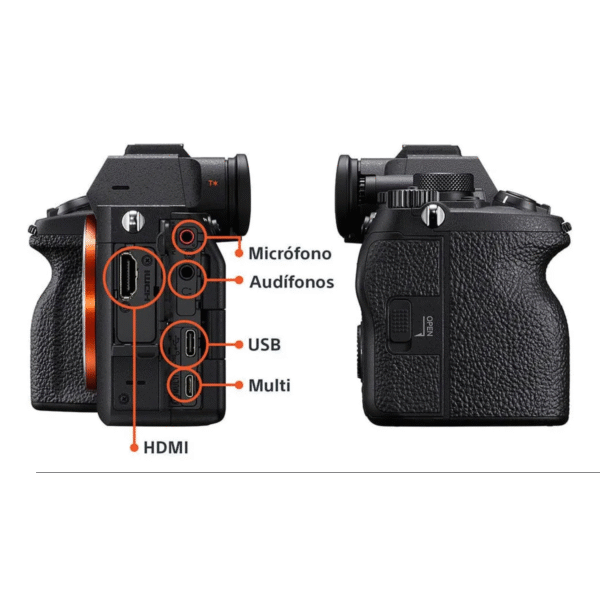 Sony A7 IV (full-frame, 33 MP) con lente 28–70 mm OSS (kit). Sensor BSI-CMOS de 33 MP. AF de 759 puntos con Eye-AF, ráfaga 10 fps, vídeo 4K/60p. Perfecta para foto de retratos y video profesional por su nitidez y enfoque preciso