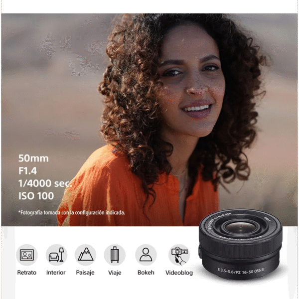 Cámara Sony ZV-E10 con lente 16–50 mm (kit): mirrorless APS-C de 24.2 MP. Diseñada para vlogs y streaming, graba 4K con autoenfoque de rostros y botón de desenfoque. Compacta con pantalla giratoria, ideal para creadores de contenido.
