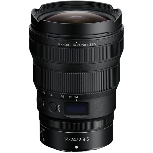 Lente Nikon NIKKOR Z 14-24 mm f/2.8 S (full-frame). Zoom ultra-angular luminoso (114°–84°) con óptica avanzada y mínimo viñeteo. Perfecto para paisajes y arquitectura, capturando amplios espacios con excelente nitidez.